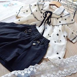 Clothing Sets Summer Girls Clothing Sets Korean Version Cute Bow Tie Lapel Lace Short Sleeve + Shorts Two-Piece Suit New ChildrenS Clothes