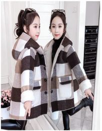 Spring Autumn 2021 Big Girls Casual Plaid Jackets Hooded Outwear Fashion Woolen Long Coats Children Clothing Cute Baby Girls Coat1420319