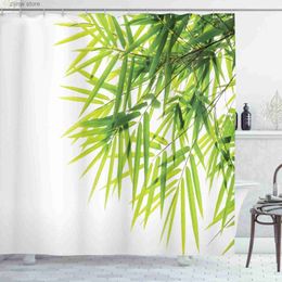 Shower Curtains Bamboo Shower Curtains Green Leaves Modern Minimalist Plants Art Print Fabric Bathroom Decor Bath Curtain Sets Hooks Green White Y240316