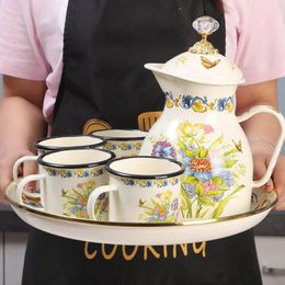 Hip Flasks Enamel Teapot Tea Cup Vintage Flower Coffee Pot Large Capacity European Style Household Kettle Cool Mug Drinkware