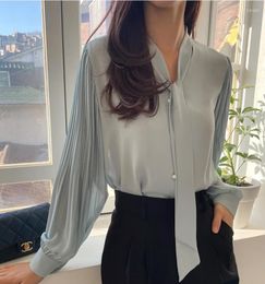 Women's Blouses Elegant Lace-up V-neck Full Sleeve Chic Tops Women Loose Casual 2024 Spring Fashion Long Shirts T906b