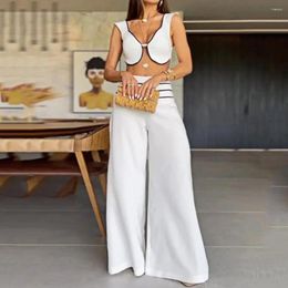 Women's Two Piece Pants Solid Colour Crop Top Suit Stylish Set With Low-cut V Neck Sleeveless Design High Waist For Summer