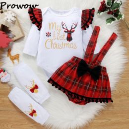 Dresses Prowow My First Christmas Baby Girl Clothes Ruffle Romper+Plaid Suspender Skirts 2023 New Year Costume Baby Christmas Outfit