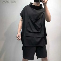 Men's T-Shirts Summer large dark loose irregular stitching designer solid stand collar T-shirt trendy bat sleeve hip-hop T-shirt Q240316