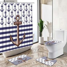 Shower Curtains Nordic Sailing Anchor Waterproof Shower Curtain Set Fun Blue Cartoon Child Boy Bathroom Decor Non-Slip Pedestal Rug Toilet Cover Y240316