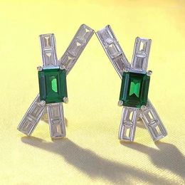 Stud Earrings 2024 S925 Silver Imitation Emerald Rectangle Simple And Stylish Versatile