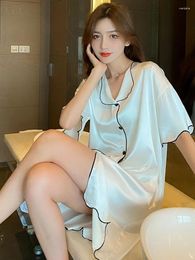 Women's Sleepwear Simple Casual Nightdress 2024 Summer Cool Ice Silk Short Sleeved Shirt Female Pyjamas Korean Cardigan Home Nightgown