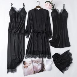 Sleepwear Black 5pcs Lace Satin Robe Gown Sets Sexy Womens Nighty Bathrobe Nightgown Sleep Suit Spring Sleepwear Home Kimono Pamas