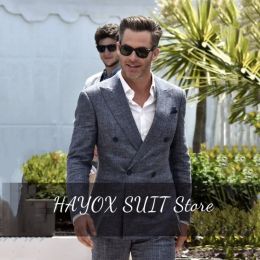 Suits Men's Suits 2 Pieces Fashion Solid Color Spring Summer Linen Slim Double Breasted Business Peaked Lapels Suitable For Wedding