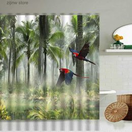 Shower Curtains Tropical Jungle Scenery Shower Curtain Parrot Peacocks Feather Green Plant Waterfall Natural Scenery Bathroom Screen Home Decor Y240316