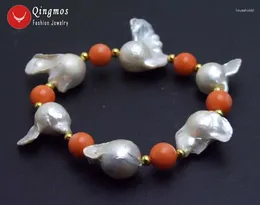 Strand Qingmos 15-25mm Baroque Nuclear Natural White Pearl Bracelet For Women Jewellery With 9-10mm Pink Coral 7.5''