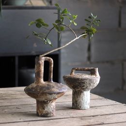 Ceramic Vase Rough Pottery Vase Flower Arrangement Vintage Handmade Wabi-Sabi Style Dried Flowers Zen Arrangement 240314