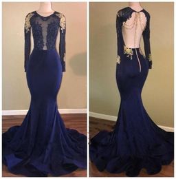 Navy Blue Long Sleeves Prom Dresses Sheer Neck Long Sleeves Appliques Lace Satin Backless Evening Dresses With Gold Beading7689688