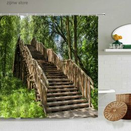 Shower Curtains Park Garden Scenery Shower Curtain Spring Natural Landscape Bathroom Green Trees Wooden Bridge Road Waterproof Screen Home Decor Y240316