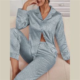 Sleepwear Women Satin Pamas Silk Leopard Printing Lapel Button Shirt with Trousers Pama Set Nightwear Pyjama Sleepwear Pijama Mujer