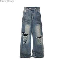 Men's Jeans Frayed Damaged Hole Baggy Wide Leg Jeans for Men and Women Streetwear Casual Ropa Hombre Denim Trousers Oversized Cargo PantsL2403