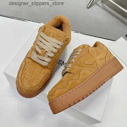 Dress Shoes New Modern Women Skateboard Shoes 5cm Platform Yellow Lace-up Cow Suede Height-increasing Classic Woman Shoes Thick sole Shoes Q240316