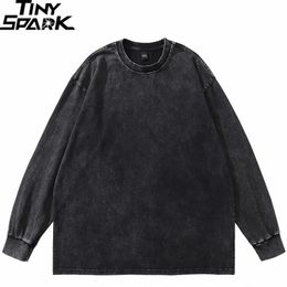 Hip Hop Streetwear Washed Black Plain T Shirt Vintage Harajuku T-Shirt Autumn Men Cotton Long Sleeve Tshirt Solid Colour 240328
