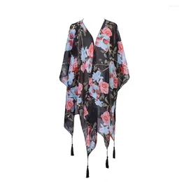 Summer Beach Smock Flower Print Tassel Cover-up Poncho Cardigan For Women Sunscreen Swimsuit Shawl With Quick Dry