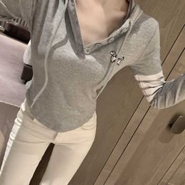 TB Four Bar Dog Embroidered Half Open Collar Hooded Sweatshirt for Womens Slim Fit Short Pure Desire Style Long sleeved T-shirt Top