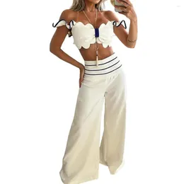 Women's Two Piece Pants Women Two-piece Set Stylish Crop Top With Ruffle Detail High Waist Wide Leg Trousers Soft Summer For Commuting