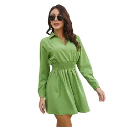 Casual Dresses Solid Colour Shirt Collar Dressed For Women's Cable Tied Waist Thin Loose Slim Mini Lady Fashion V-Neck Dress