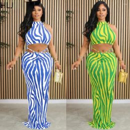Work Dresses HLJ Summer Stripe Printing Hollow Bodycon Skinny Skirts Two Piece Sets Women Sleevless Crop Top And Holiday 2pcs Outfits