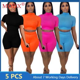 Women's Tracksuits 5sets Bulk Items Wholesale Lots Summer 2 Piece Set Outfits Women Casual Solid Sport Short Sleeve Shorts M8769_1