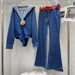 Women's Tracksuits 2024 Spring Denim Wear Three-Dimensional Flower Jumpsuit Top Skinny Jeans Suit For Women 2 Piece Set