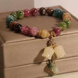 Strand Yellow Stone Bead Bracelet Elegant Vintage Flower Pendant With Faux Tourmaline For Women Colorful Well-being