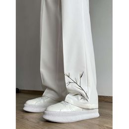 Light Mature Men's Summer Versatile Loose Fitting Chinese Style Bamboo Leaf Embroidery Straight Tube Casual Long Pants Slim Cut Trend