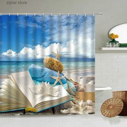 Shower Curtains Ocean Beach Starfish Shell Book Bathroom Shower Curtain Summer Blue Sky White Clouds Sunshine Landscape Waterproof Cloth Screen Y240316