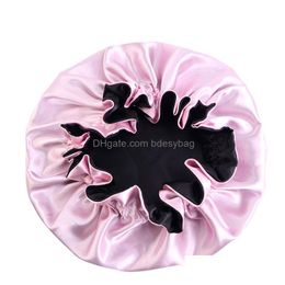 Beanie/Skull Caps Solid Colour Double-Layer Satin Sleep Hat For Women Lady Elastic Soft Night Caps Round Bonnet Hair Care Fashion Acces Dh1Uf