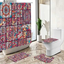 Shower Curtains Indian Mandala Floral Shower Curtain Bohemian Color Ethnic Art Home Non-Slip Pedestal Rug Toilet Cover Bathroom Bathtub Deco Set Y240316