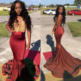 Cheap Gold Lace Mermaid Sexy Black Girl Prom Dress Burgundy South Africa Evening Party Gown Custom Made Plus Size2415775