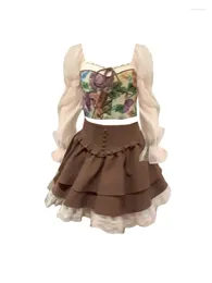 Work Dresses 2000s Aesthetics Summer Fashion Gyaru Sweet Outfits 2 Piece Set Square Collar Floral Crop Top A-Line Mini Skirts Bow Chic