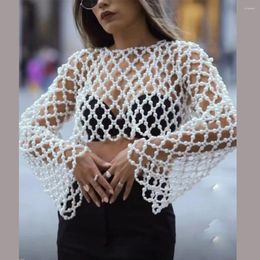 Women's Tanks Beachapche Hand Woven Round Neck SleeveSingle Button Tassel Pearl Top Elegant Ladies 2024 Music Event