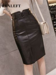 Dresses Realeft 2022 Autumn Winter Ol Elegant Pencil Midi Skirts High Waist Black Pu Leather Split Sheath Wrap Skirts with Belt Female