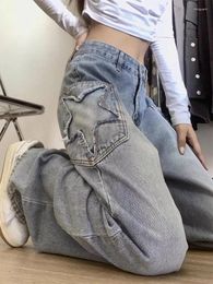Women's Jeans Women Blue Baggy Cargo Harajuku Aesthetic Y2k Denim Trouser With Star High Waist Cowboy Pants Vintage 2000s Trashy Clothes