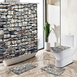 Shower Curtains Retro Old Stone Brick Wall Bathroom Set Bathtub Waterproof Shower Window Non-Slip Rug Toilet Cover Bath Mat Home Decoration Y240316