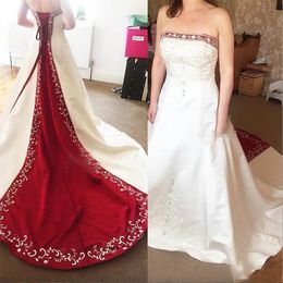 Vintage rote und weiße Satin-A-Linien-Brautkleider 2024, echtes Bild, Plus-Size-Stickerei, Perlen-Brautkleider für den Garten, Land-Hochzeitskleid