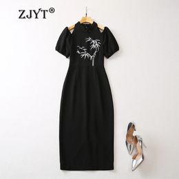 ZJYT Vintage Embroidery Black Summer Dresses for Women 2024 Fashion Chinese Style Off The Shoulder Midi Party Dress Straight 240306