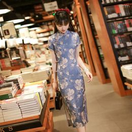 Ethnic Clothing Blue Cheongsam Dress Retro Elegant Young Girl Qipao Chinese Style Summer Women 2024