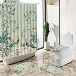 Shower Curtains Peacocks Feather Shower Curtains Sets Chinese Landscape Flower Green Plant Bathroom Decor Non-Slip Carpet Toilet Cover Floor Mat Y240316
