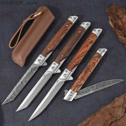 Tactical Knives Free Leather Case Outdoor Camping Damascus Pattern Folding Knife Household Fruit Knife Hunting KnifeL2403