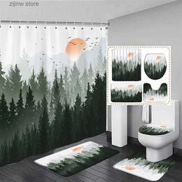 Shower Curtains Misty Forest Shower Curtain Set Abstract Mountain Pine Tree Autumn Scenery Bathroom Decor Non Slip Rug Bath Mat Toilet Lid Cover Y240316