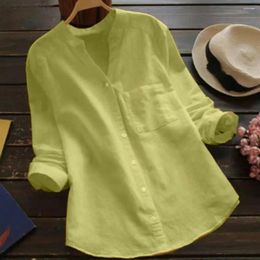 Women's Blouses Women Shirt Solid Colour V Neck Top Button Closure Long Sleeve Dress-up Cotton Blouse For