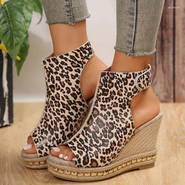 Sandals 2024 Wedges Heels Women Summer Peep Toe Leopard Platform For 10cm Super High PU Leather