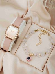 Other Watches 2PCS Womens Fashion Leisure Simple Versatile Style Square Belt Quartz Womens Stone Bracelet Y240316