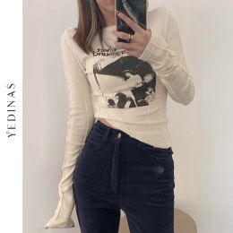 T-Shirt Yedinas Casual Slim Tshirt for Women O Neck Long Sleeve Sexy Crop Top Grunge Letters Print Female Korean Fashion Clothing 2021